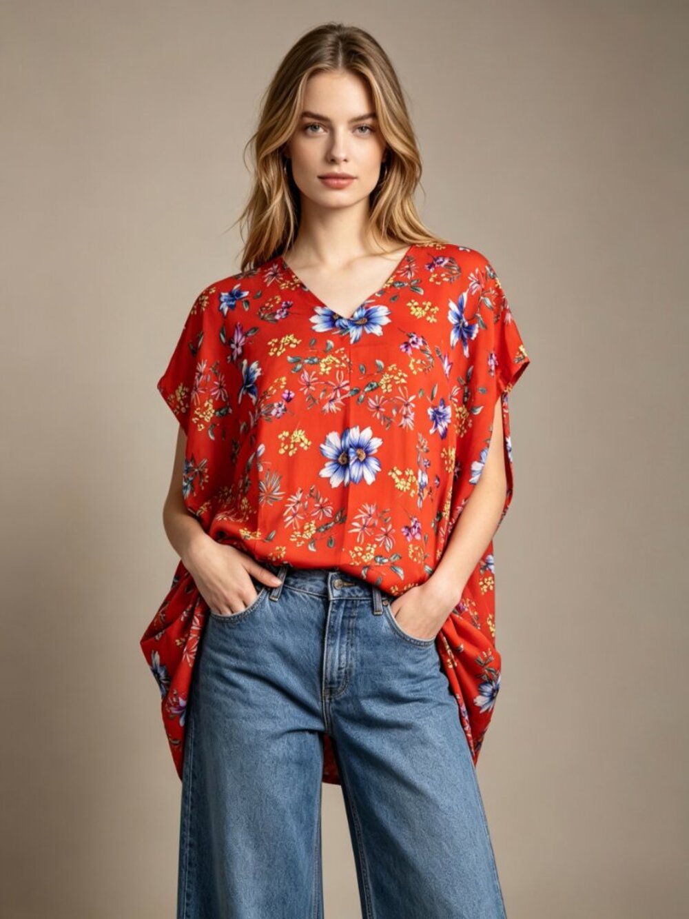 NWOT Johnny Was Floral Oversize Short Sleeve Top Blouse Women Size S Red V-Neck